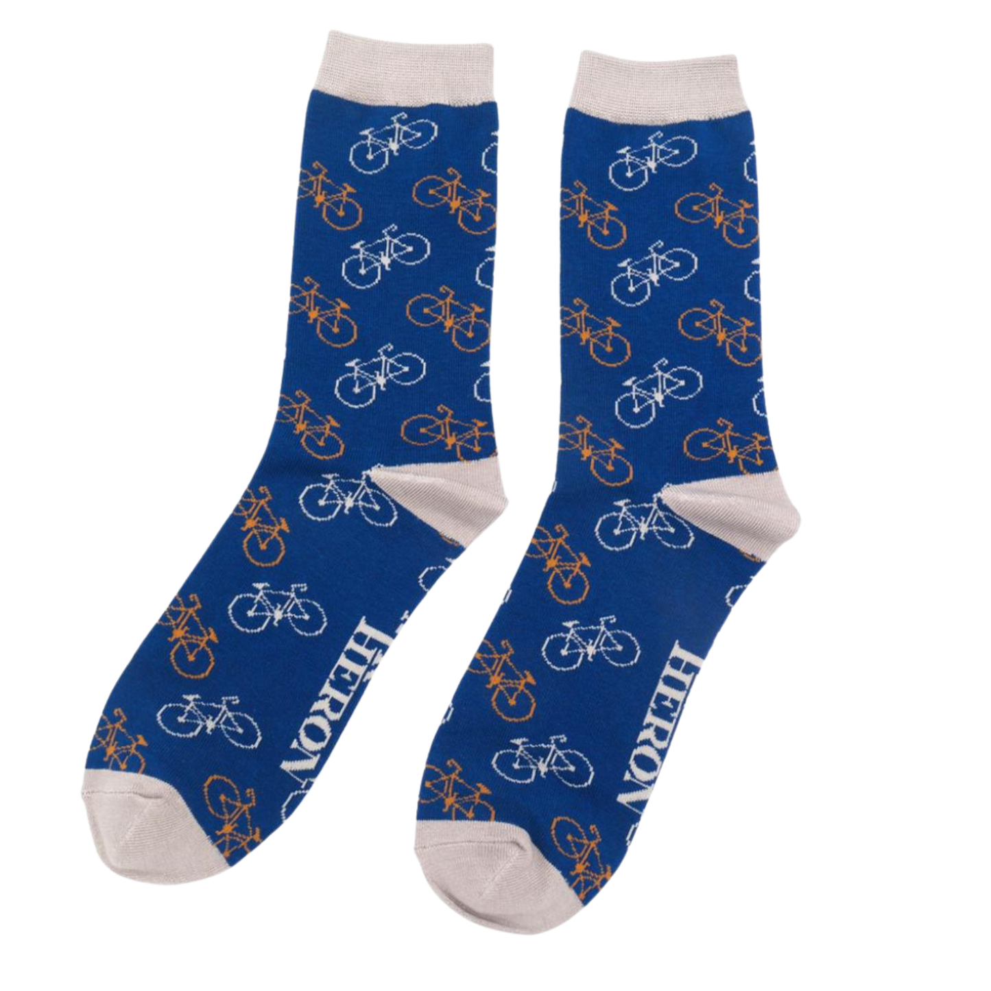 A pair of socks depicting bicycles. Blue legs, grey heel, cuff and toes.