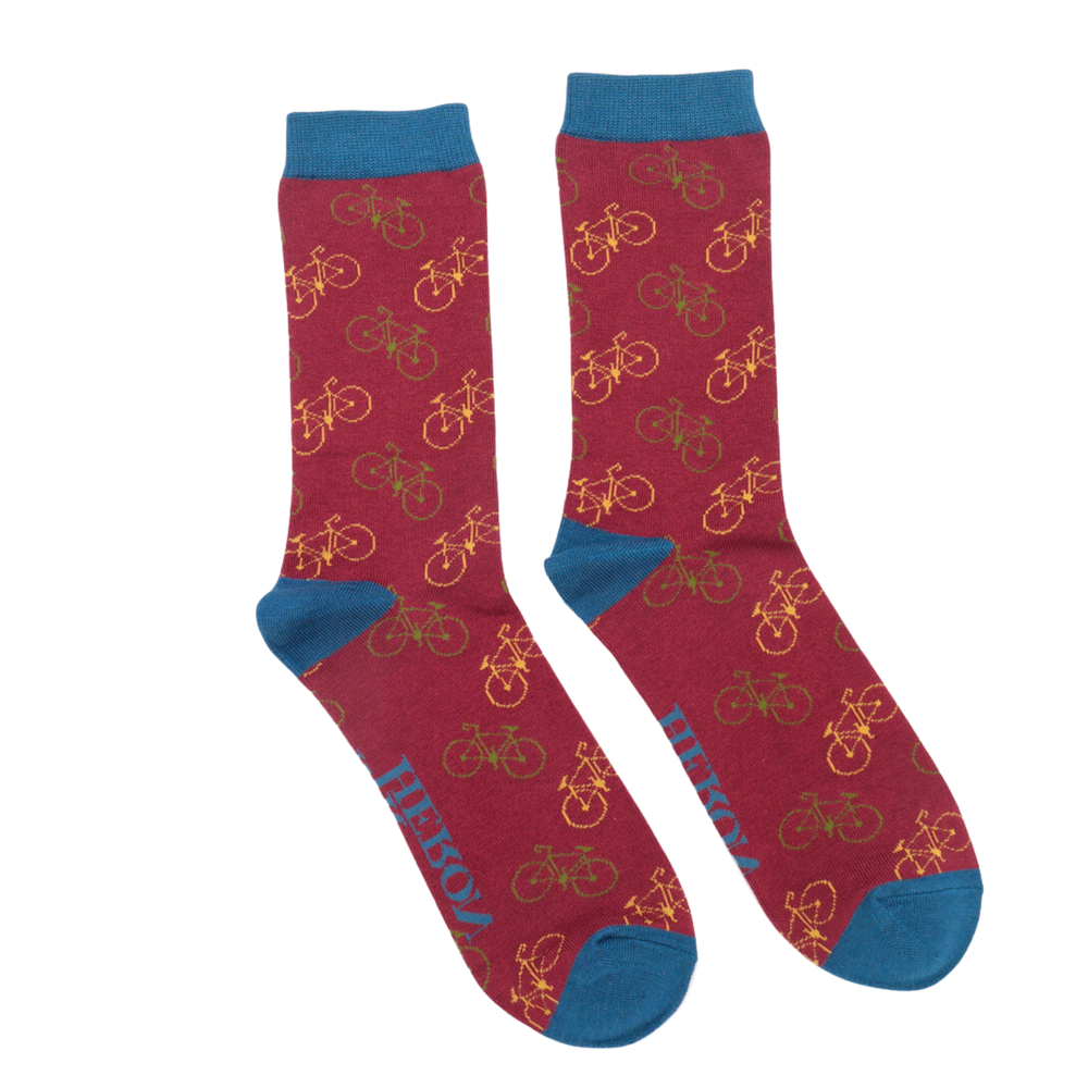 
                      
                        A pair of socks depicting bicycles. Red legs, blue heel, cuff and toes.
                      
                    