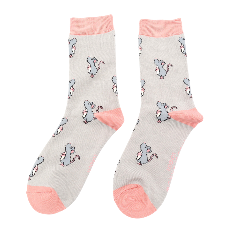 
                  
                    Little Mice Bamboo Socks - Miss Sparrow. A pair of socks with a cute mouse pattern. Grey legs, pink heel, toe and cuff. 
                  
                