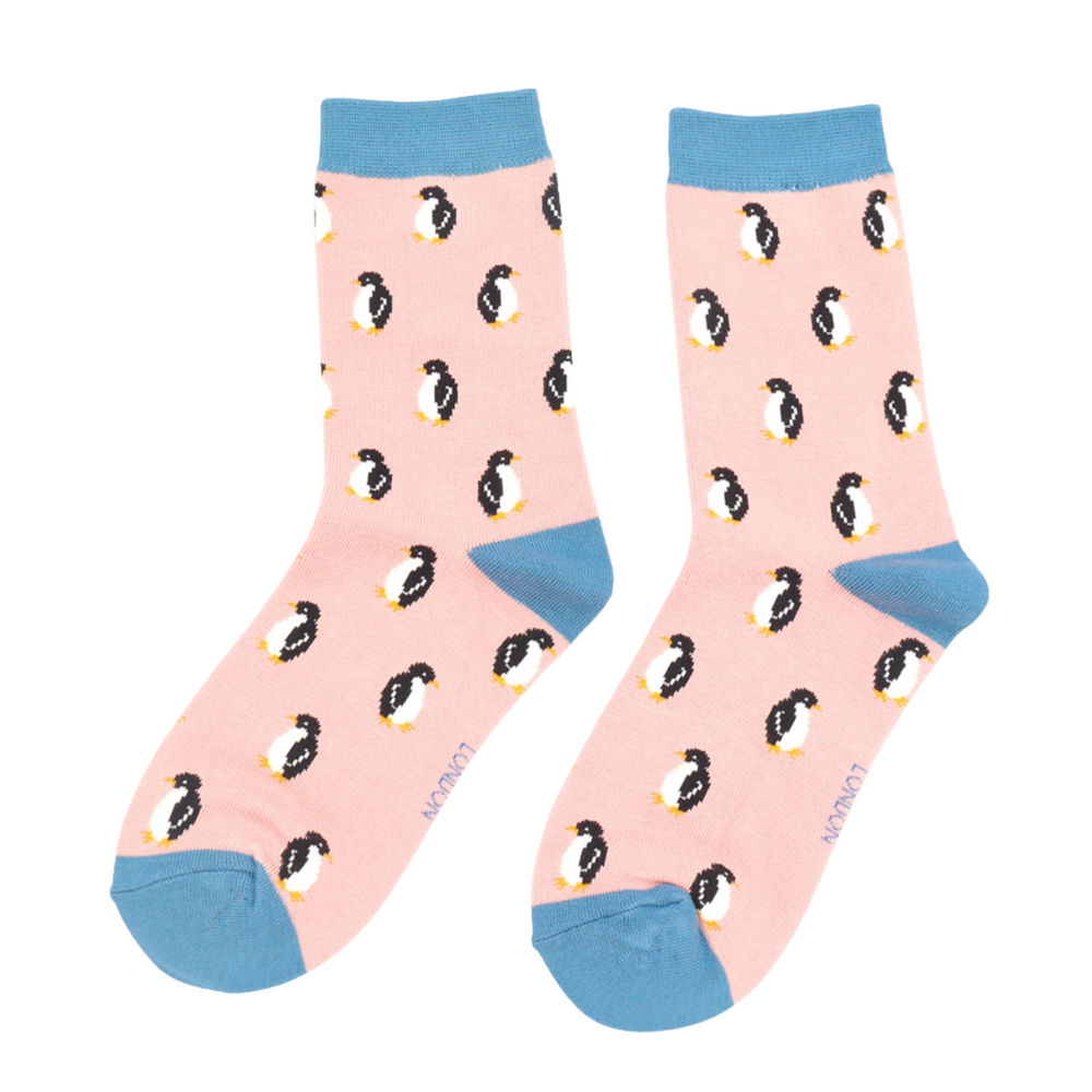 
                  
                    Little Penguins Bamboo Socks - Miss Sparrow. A pair of socks with a penguin pattern. Pink legs, light blue heel, cuff and toe. 
                  
                