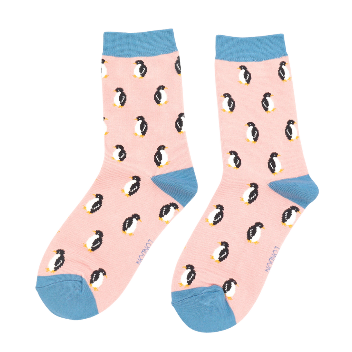 Little Penguins Bamboo Socks - Miss Sparrow. A pair of socks with a penguin pattern. Pink legs, light blue heel, cuff and toe. 