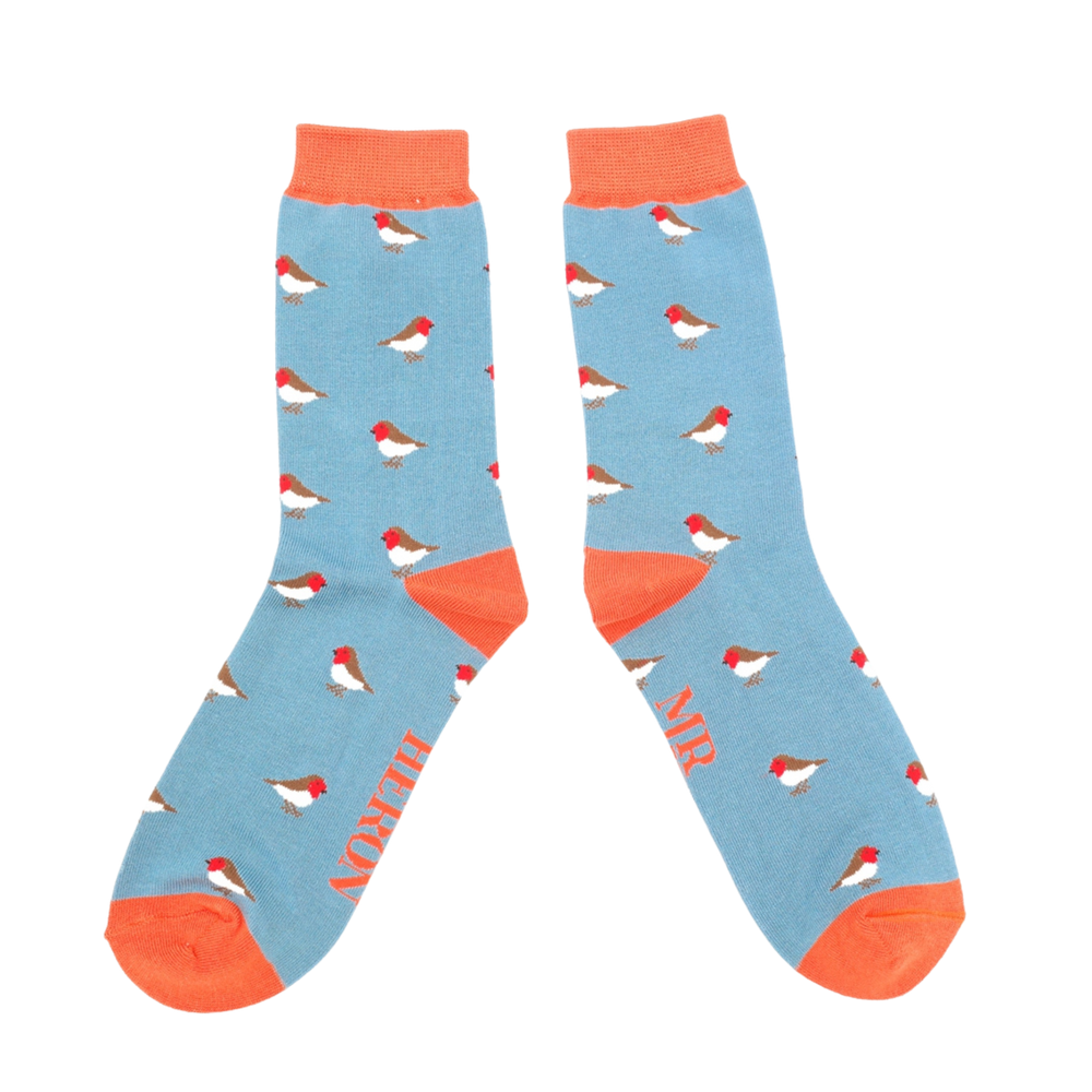 Little Robins Bamboo Socks - Miss Sparrow. A pair of socks with a robin pattern. Blue legs, orange cuff, toe and heel. 