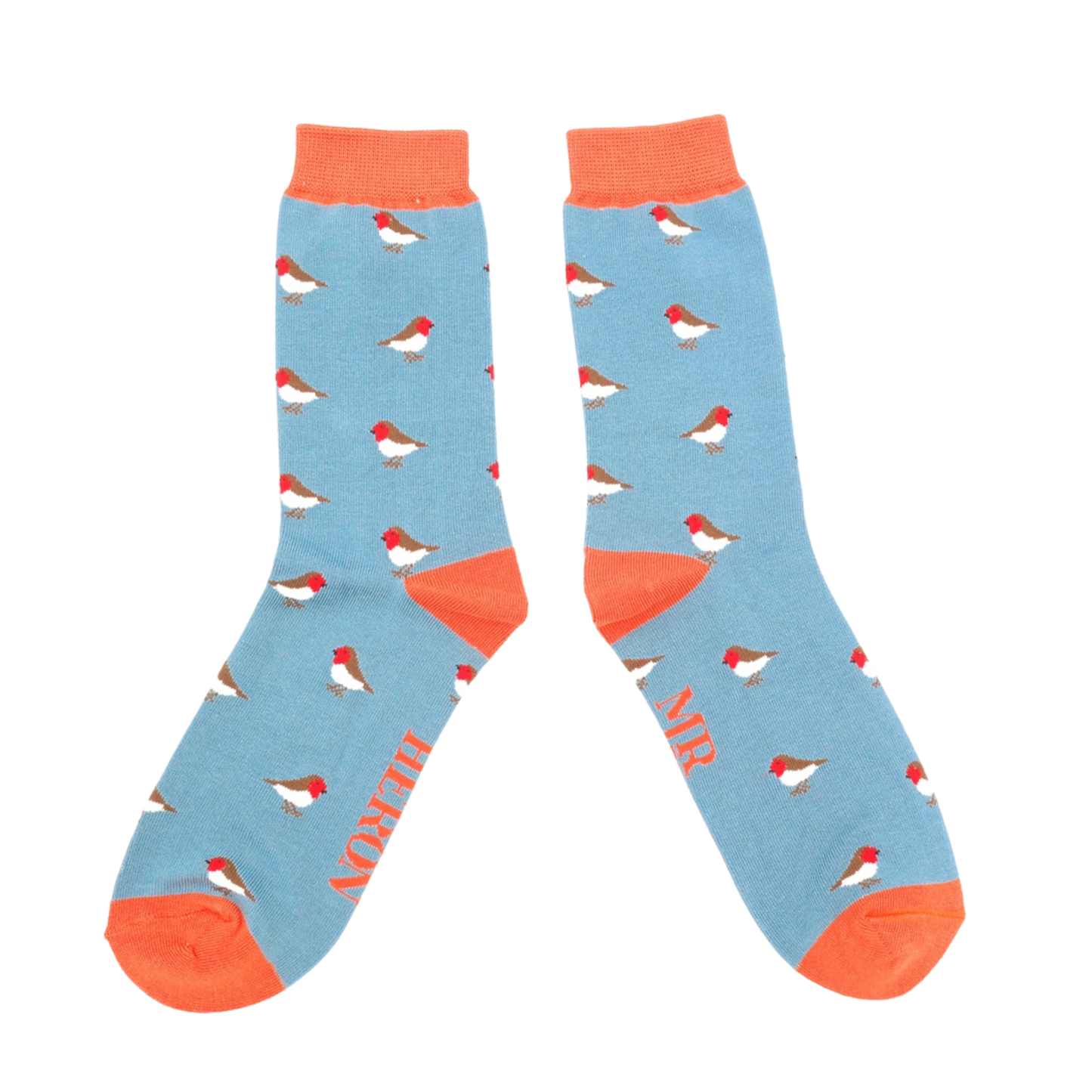 
                  
                    Little Robins Bamboo Socks - Miss Sparrow. A pair of socks with a robin pattern. Blue legs, orange cuff, toe and heel. 
                  
                