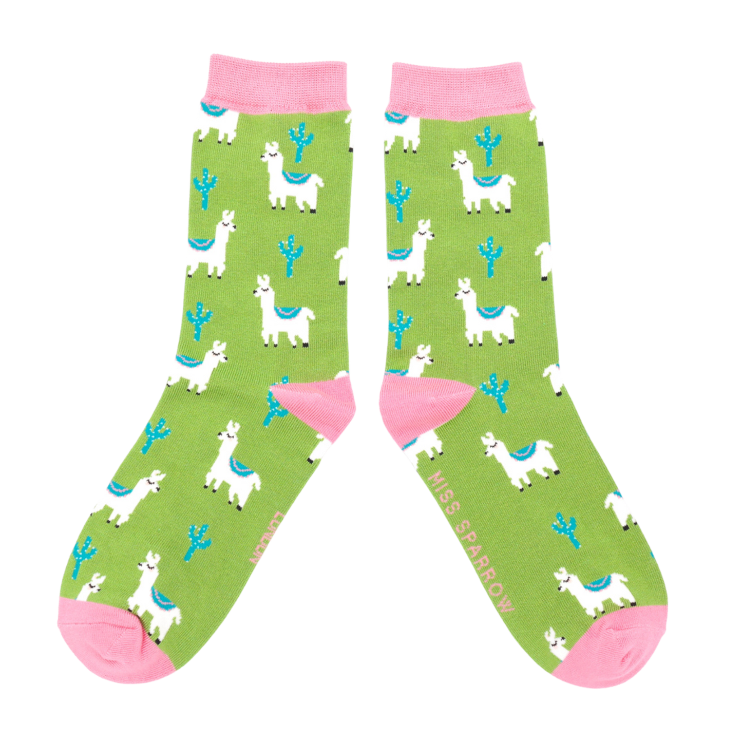 
                  
                    A pair of socks depicting cacti and Llamas. Green legs, pink cuff, heel and toe.
                  
                