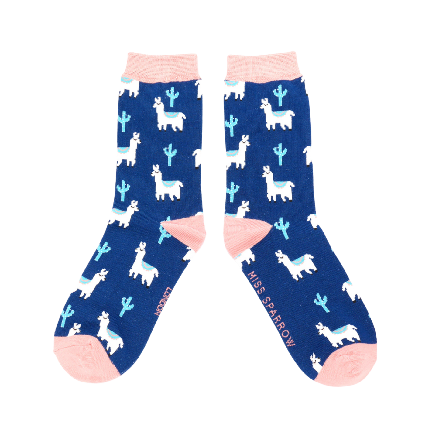 
                  
                    A pair of socks depicting cacti and Llamas. Dark legs, light pink cuff, heel and toe.
                  
                