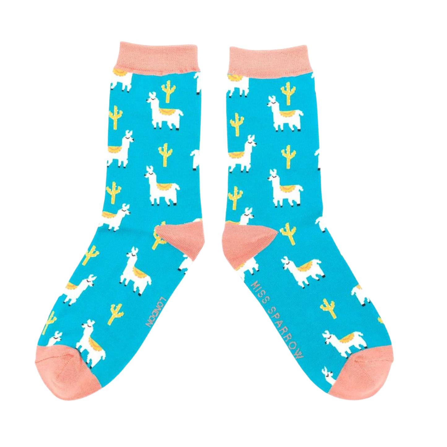 
                  
                    A pair of socks depicting cacti and Llamas. Turquoise legs, peach cuff, heel and toe.
                  
                