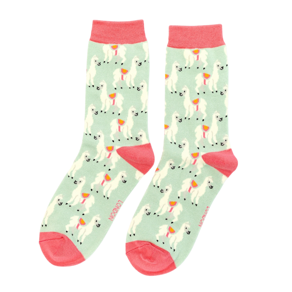 
                  
                    Llamas Bamboo Socks - Miss Sparrow. A pair of socks with a fun llama pattern. Light green legs. Pink cuff, heel and toe.
                  
                