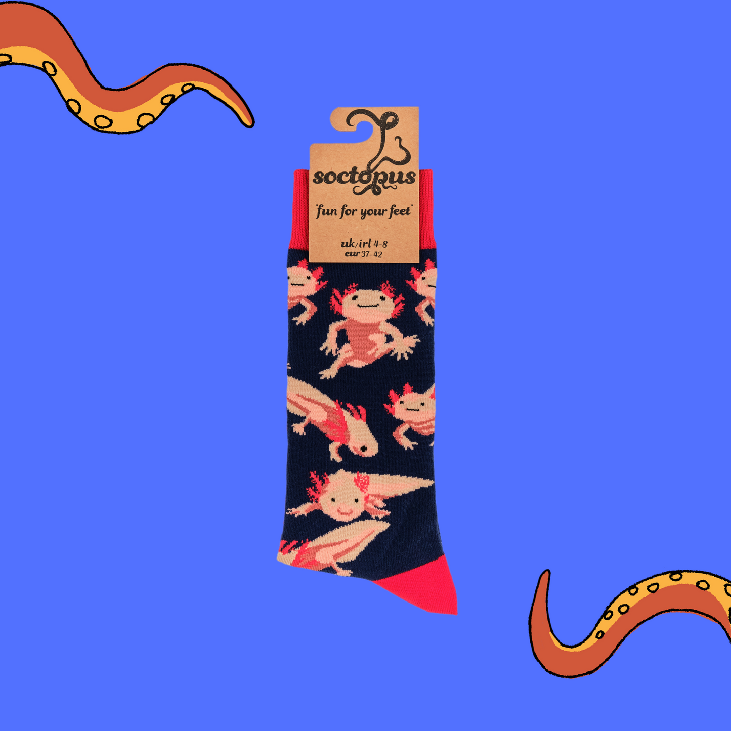 
                  
                    A pair of socks depicting Axolotls. Dark blue legs, red cuff, heel and toe.In Soctopus Packaging.
                  
                