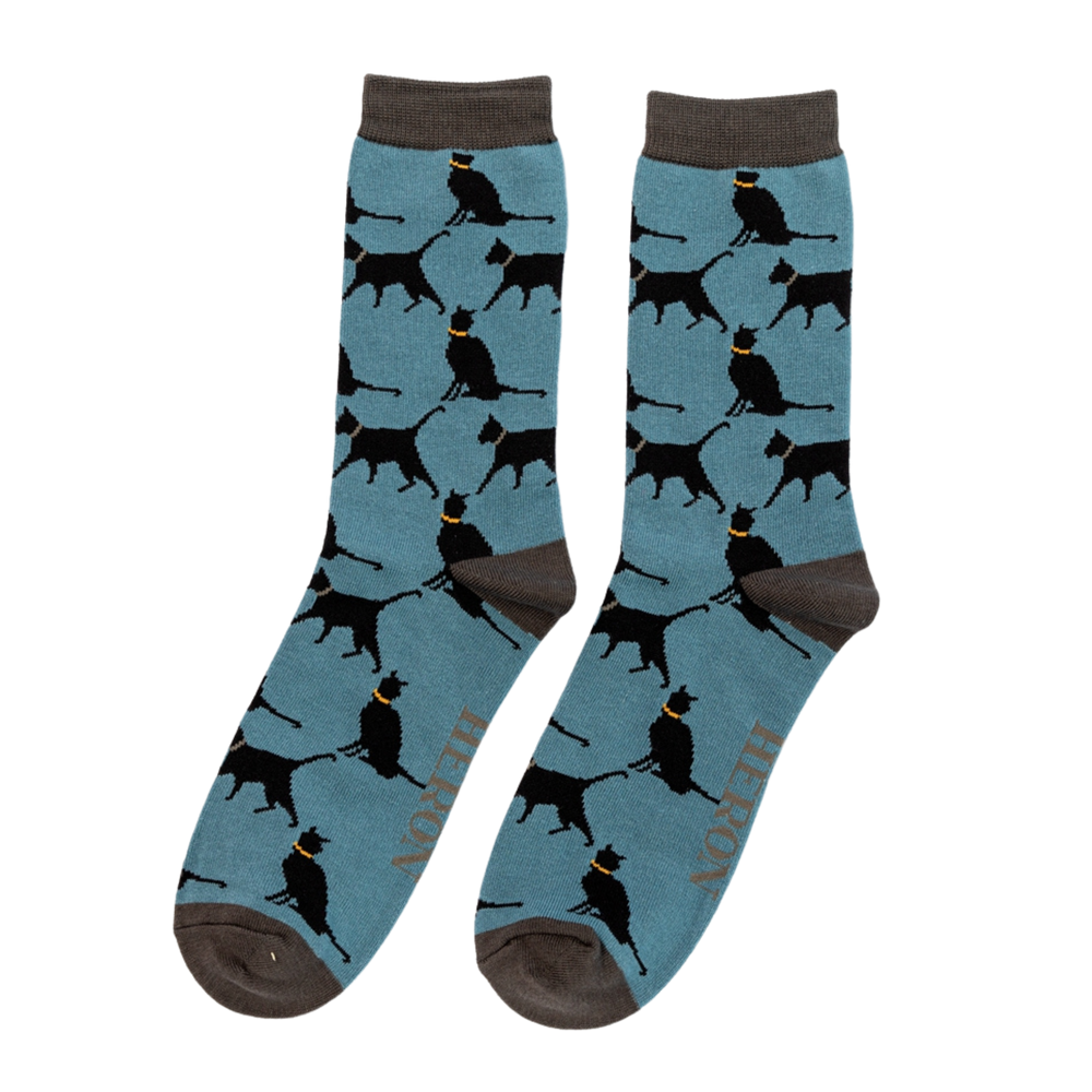 
                  
                    Lucky Cats Bamboo Socks - Miss Sparrow. A pair of socks depicting lucky black cats. Blue legs, grey heel, toe and cuff. 
                  
                