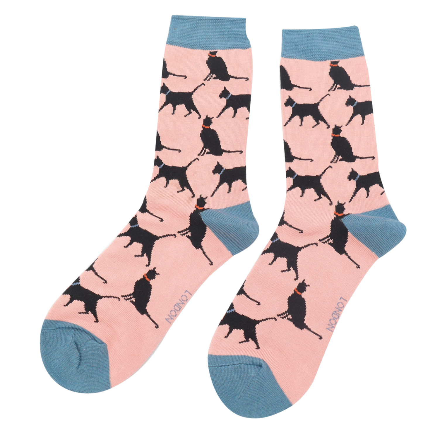 
                  
                    A pair of socks depicting lucky black cats. Pink legs, blue heel, toe and cuff.
                  
                