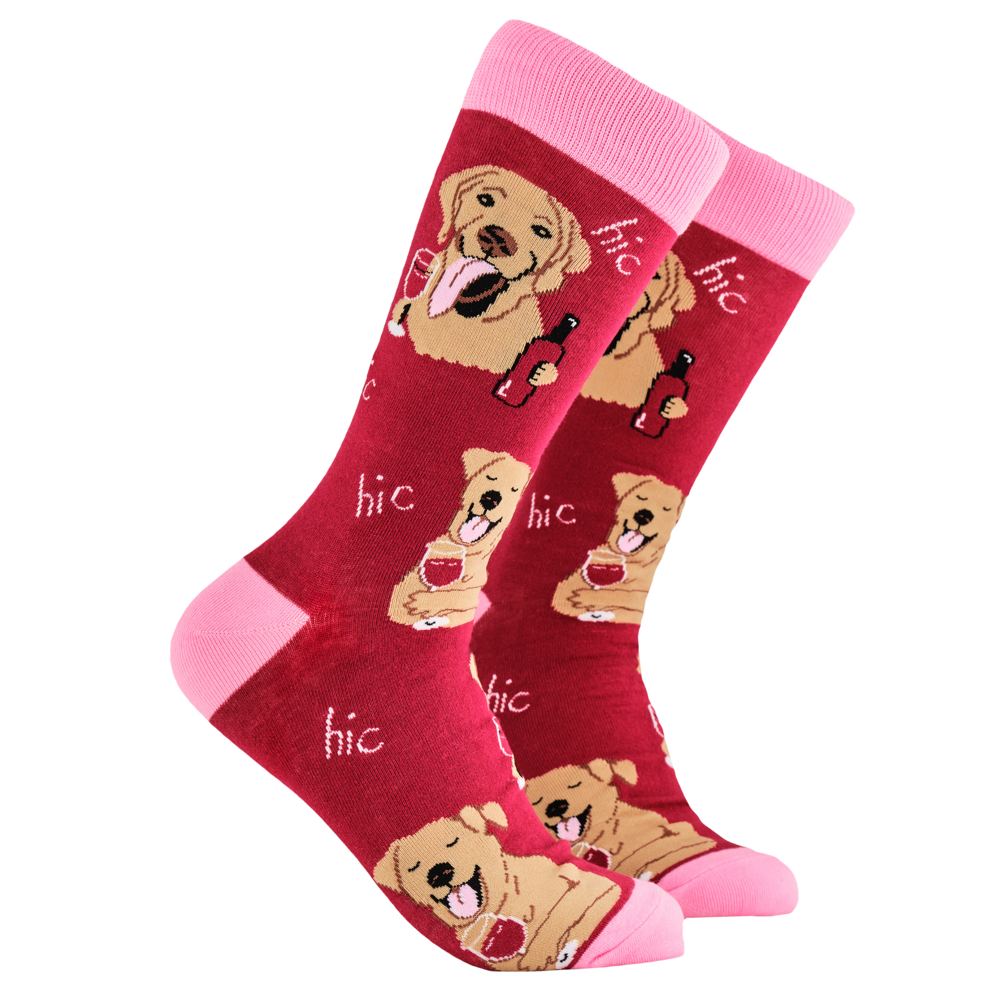 A pair of socks depicting labs drinking wine. Red legs, light pink cuff, heel and toe.