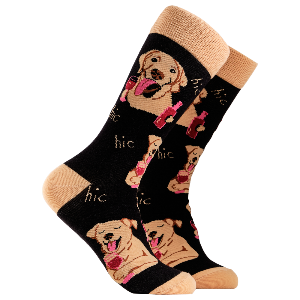Labrador Socks - Lab In Wine. A pair of socks depicting labs drinking wine. Black legs, light brown cuff, heel and toe.