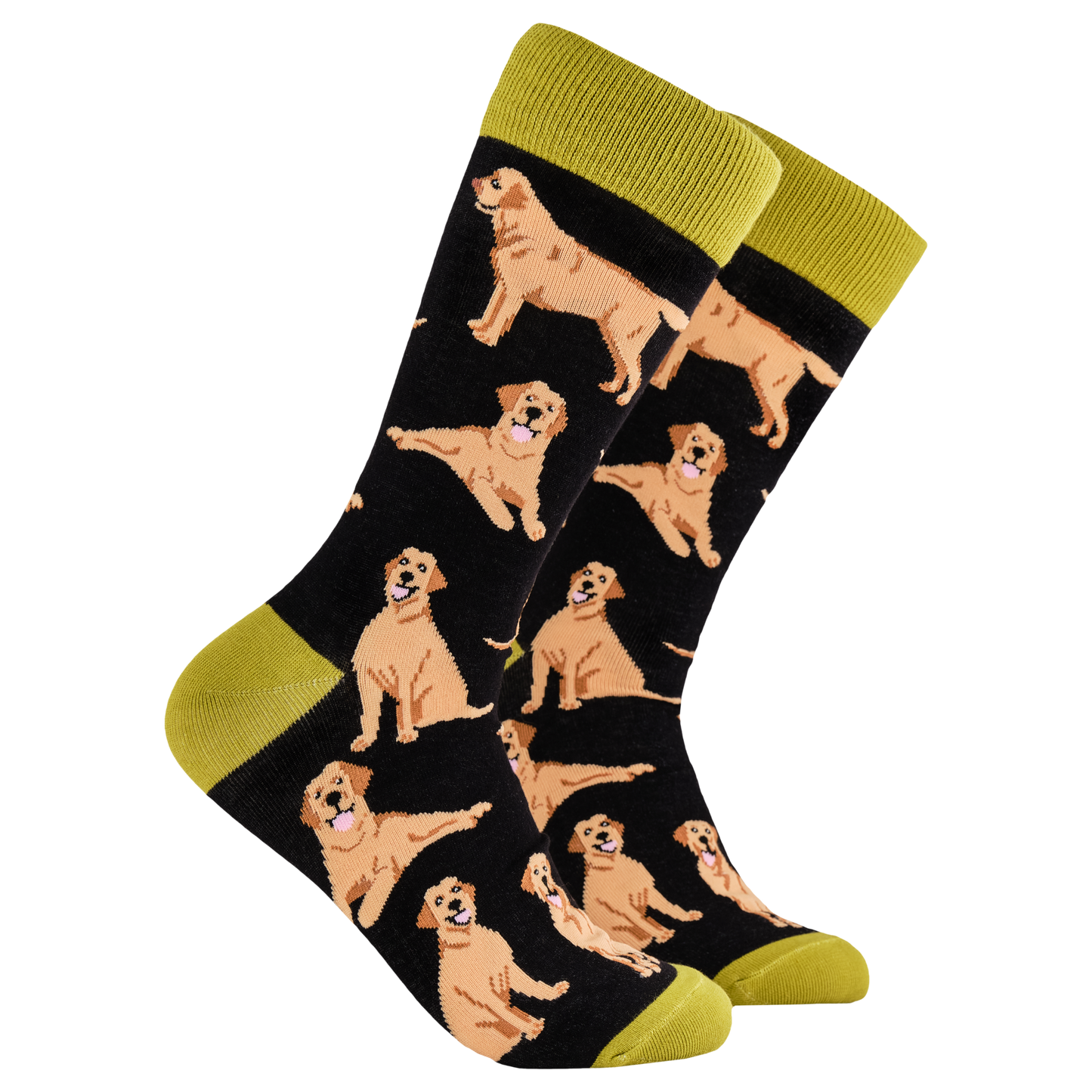 Labrador Retriever Socks - Labradorable. A pair of socks depicting Labrador dogs. Black legs, mustard cuff, heel and toe.