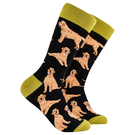 Labrador Retriever Socks - Labradorable. A pair of socks depicting Labrador dogs. Black legs, mustard cuff, heel and toe.