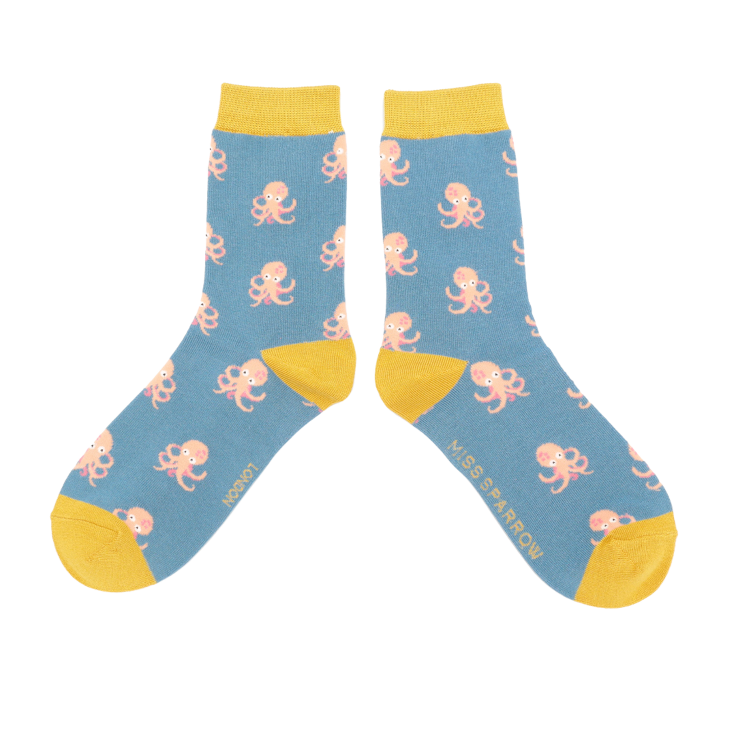 Little Octopus Bamboo Socks - Miss Sparrow. A pair of socks with an octopus pattern. Blue legs, yellow heel, toe and cuff.