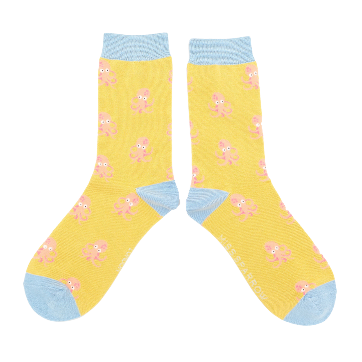 
                  
                    A pair of socks with an octopus pattern. Yellow legs, light blue heel, toe and cuff.
                  
                