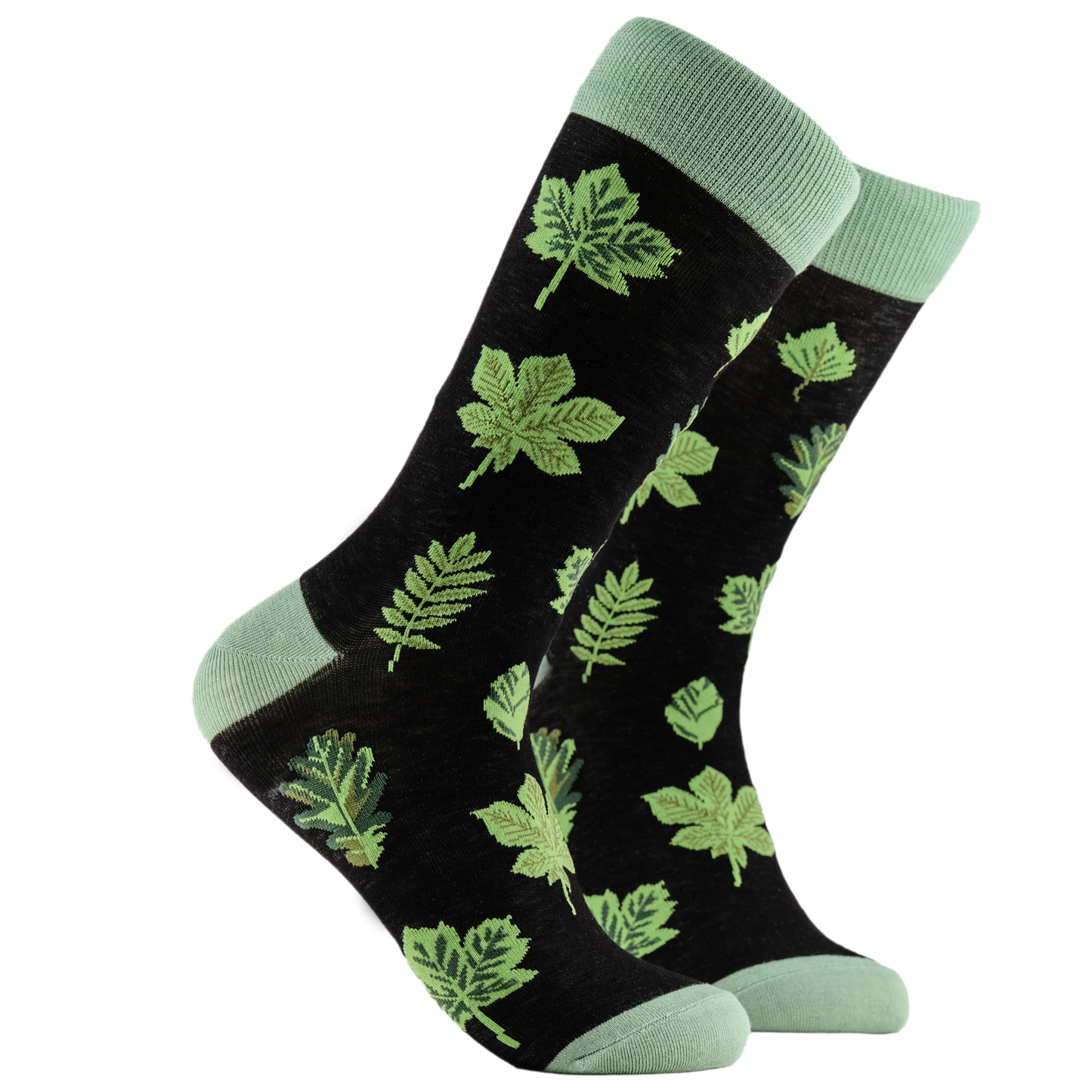 Leaves Bamboo Socks. A pair of socks depicting bamboo leaves. Black legs, light green cuff, heel and toe.