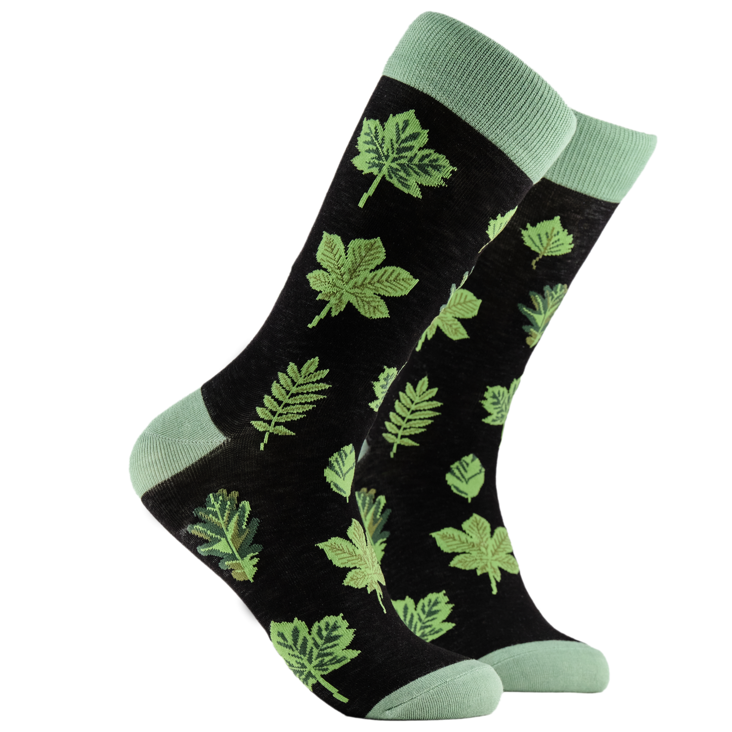 
                  
                    Leaves Bamboo Socks. A pair of socks depicting bamboo leaves. Black legs, light green cuff, heel and toe.
                  
                