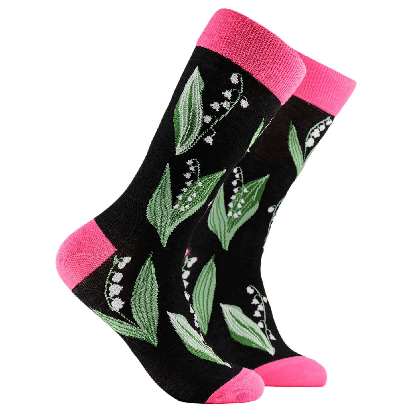 
                  
                    Lily of the Morning Valley Floral Bamboo Socks.  A pair of socks depicting Lilly of the Morning flowers. Black legs, pink cuff, heel and toe.
                  
                