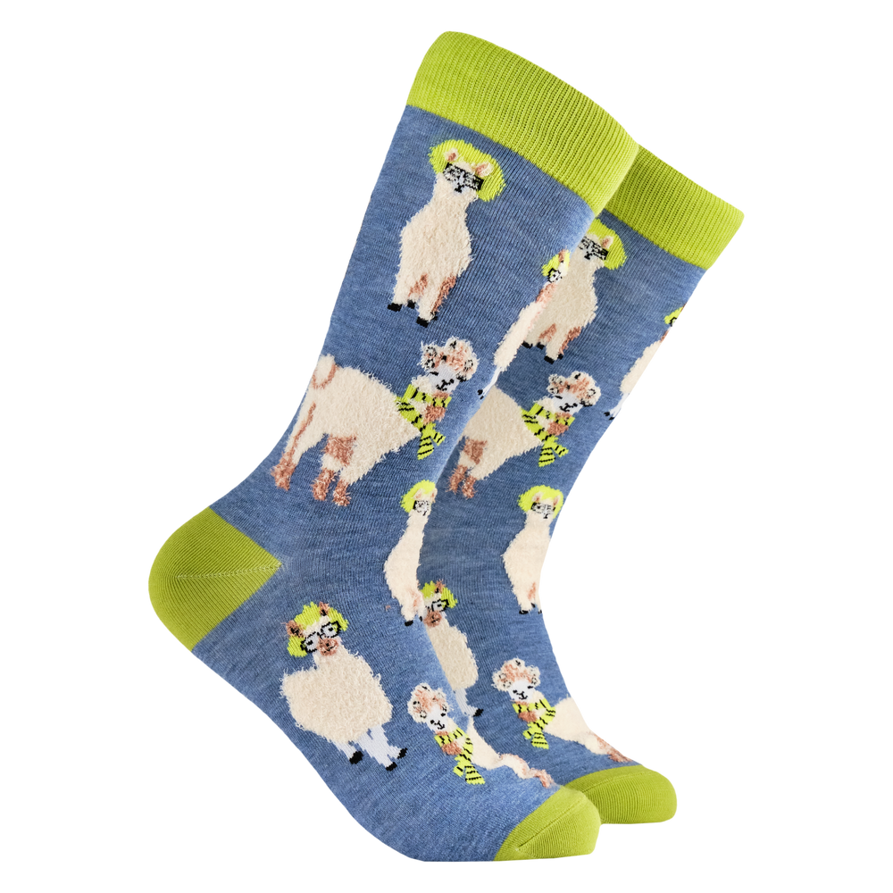 Llama Drama Socks. A pair of socks depicting Llamas causing drama. Blue legs, yellow heel, cuff and toe. 