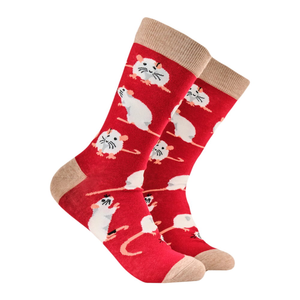 
                      
                        Lucky Rats Socks. A pair of socks depicting lucky rats. Red legs, brown heel toe and cuff. 
                      
                    