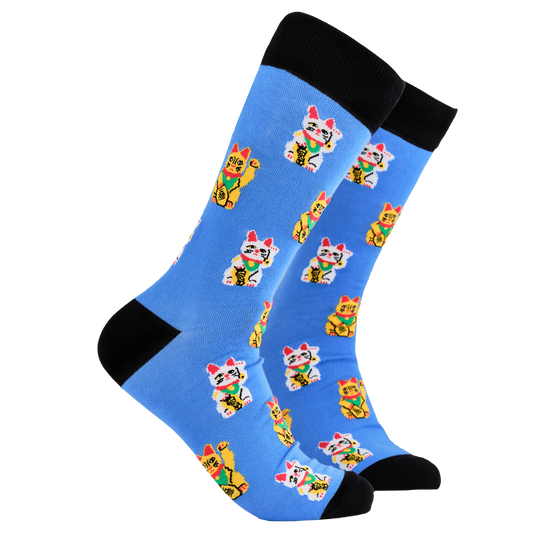 Lucky Cats Socks. A pair of socks depicting lucky cats. Blue legs, black cuff, heel and toe.