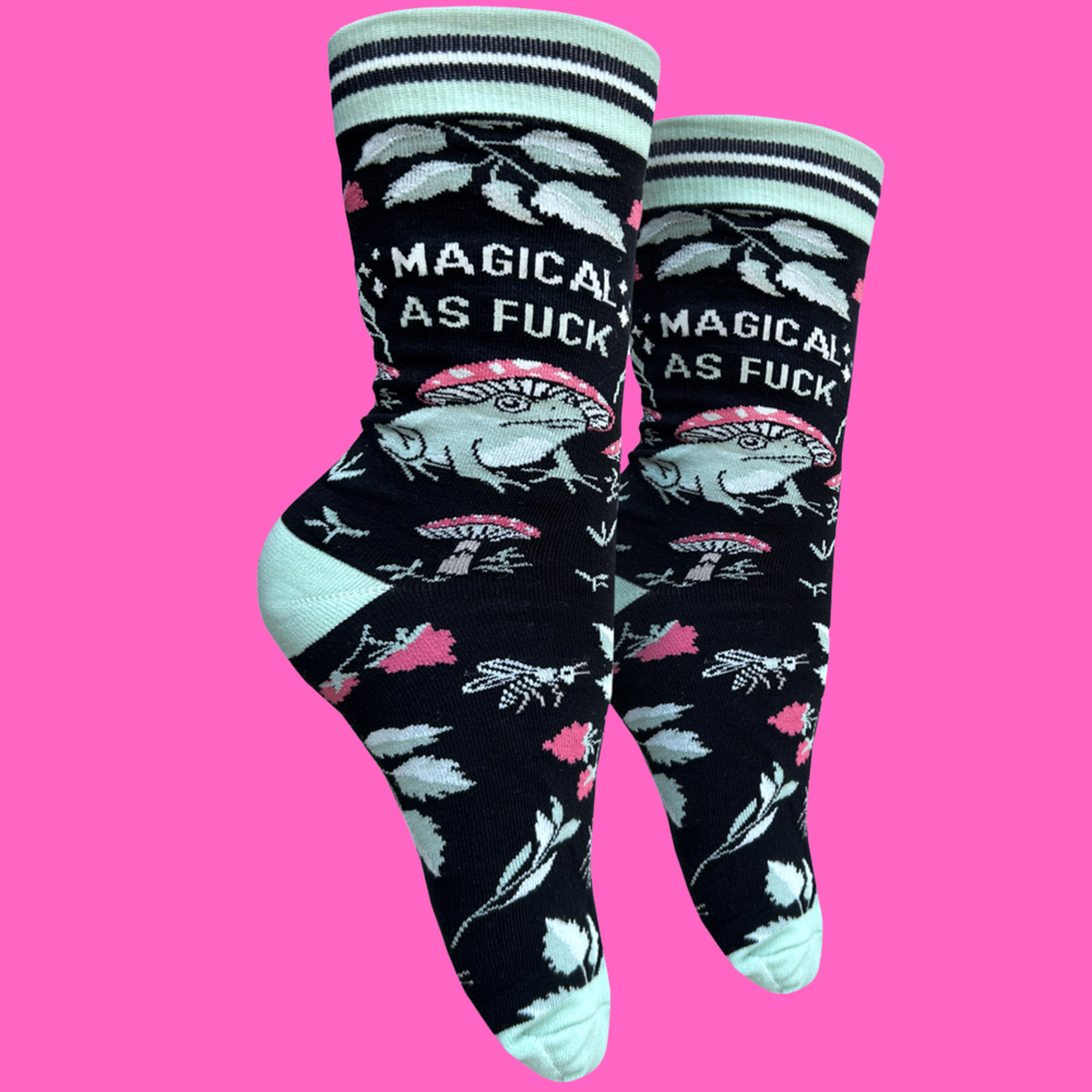 
                  
                    A Pair of socks with a fun and sweary slogan. Featuring a magic toad and magic mushroom pattern. Turquoise toe, heel and cuff.
                  
                