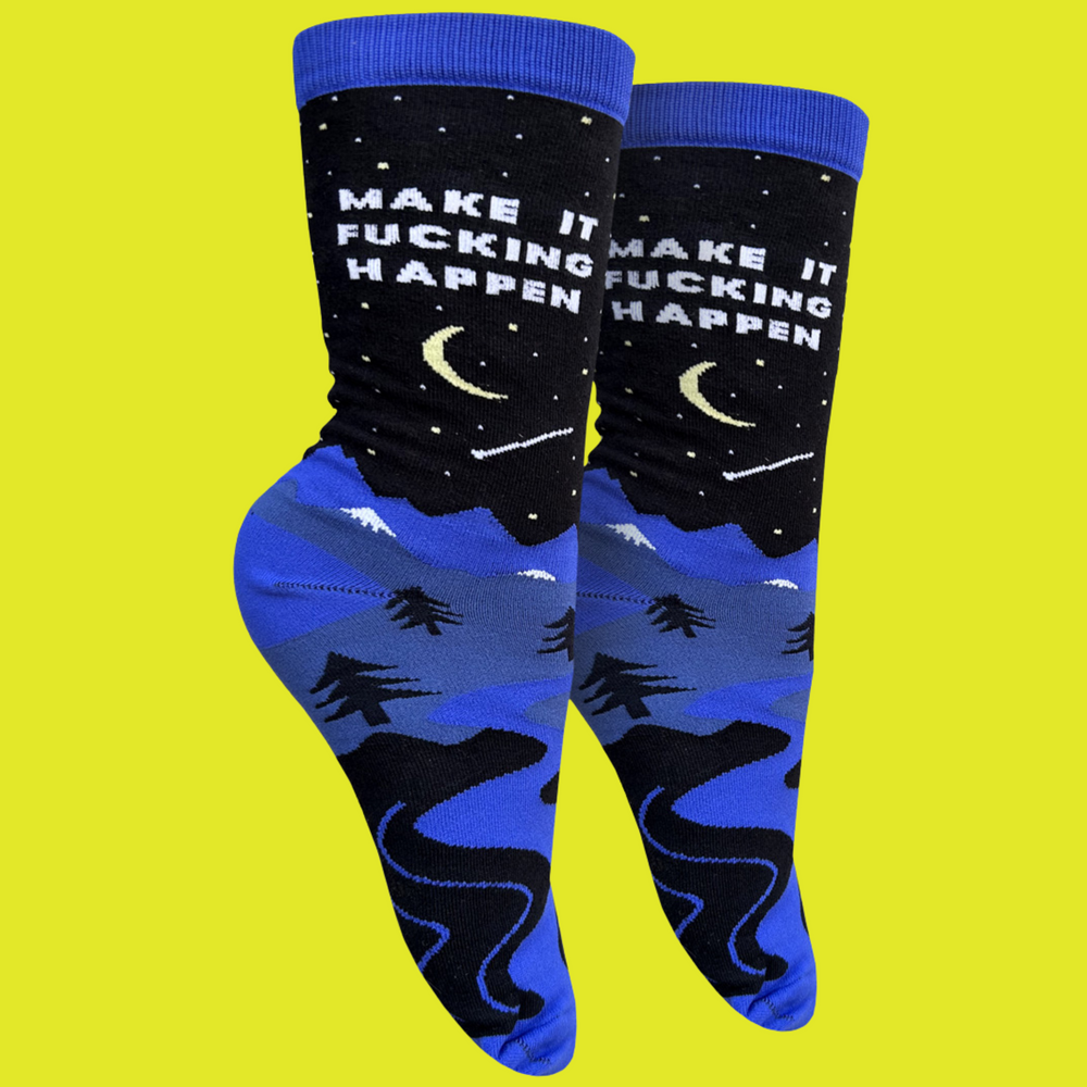 A pair of socks with a bold, sweary slogan and a moonlight motif. Blue toes, heel and cuff.