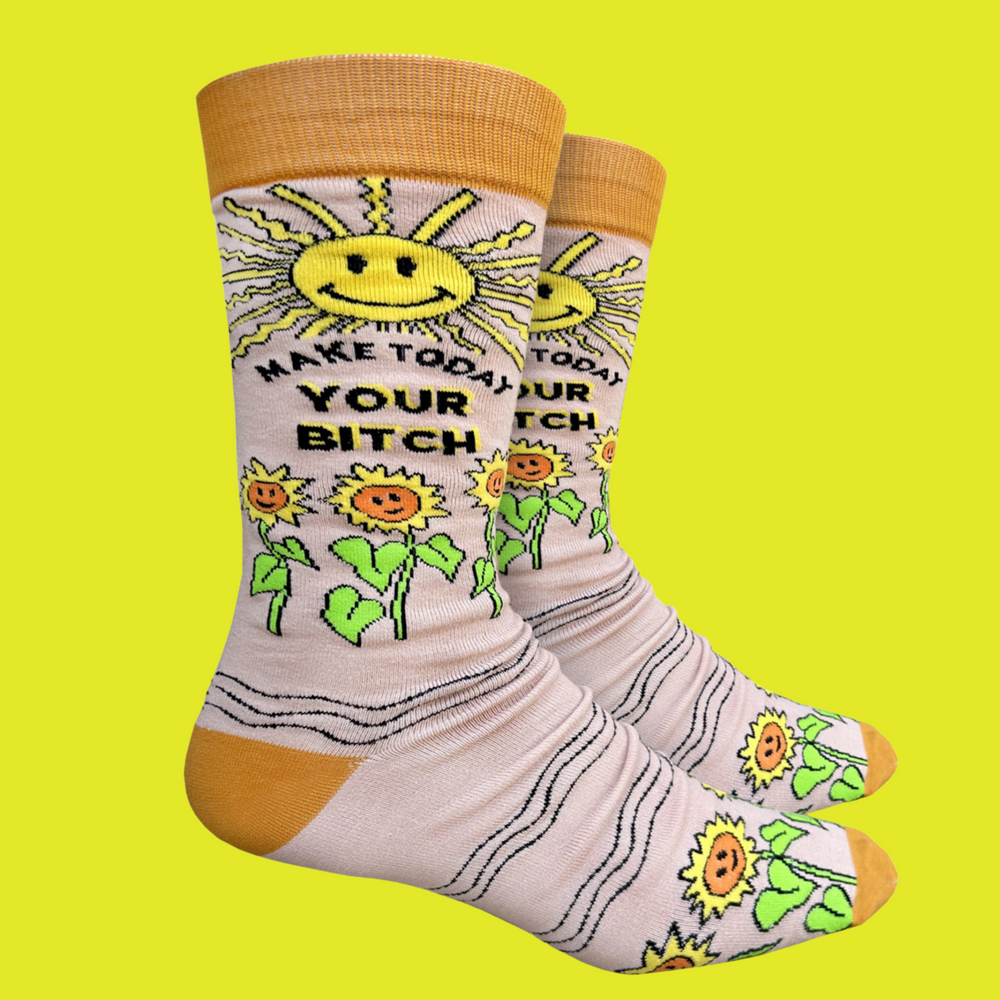 
                  
                    Make Today Your B**tch Socks. A pair of socks depicting the sun and sunflowers with a bold sweary slogan. Orange toes, cuff and heel.
                  
                