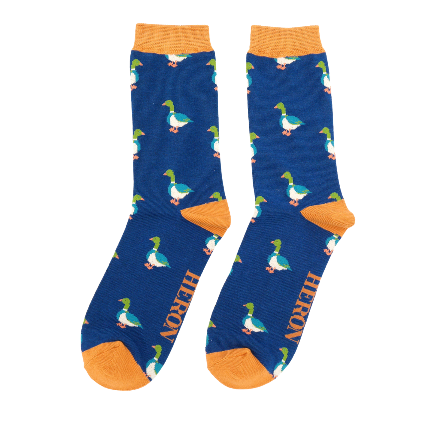 
                  
                    A pair of socks with a pattern of ducks. Dark blue legs, orange cuff, toe and heel.
                  
                