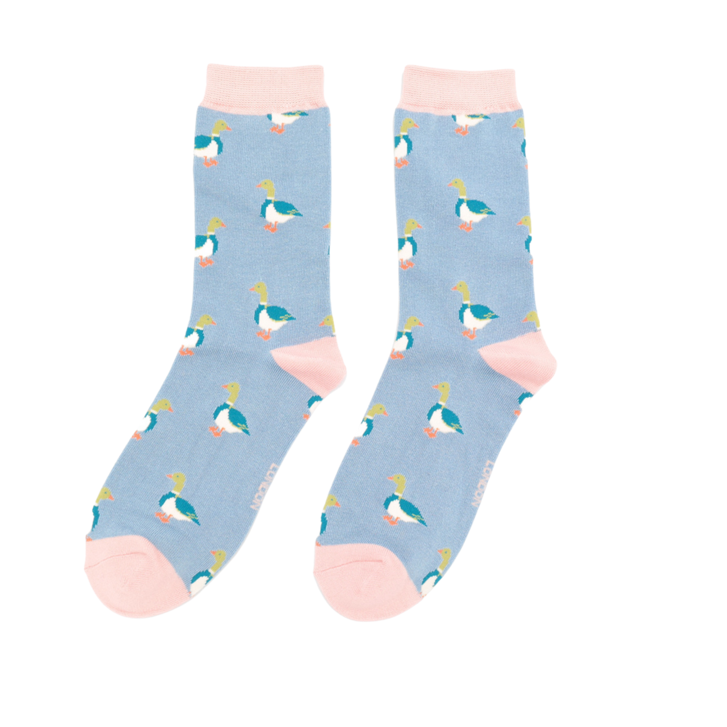 
                  
                    A pair of socks with a pattern of ducks. Light blue legs, pink cuff, toe and heel.
                  
                