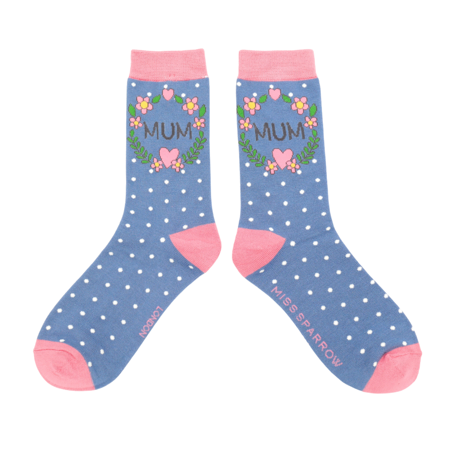 
                  
                    A pair of socks with a floral wreath Mum motif. Blue legs, light pink cuff, heel and toe.
                  
                