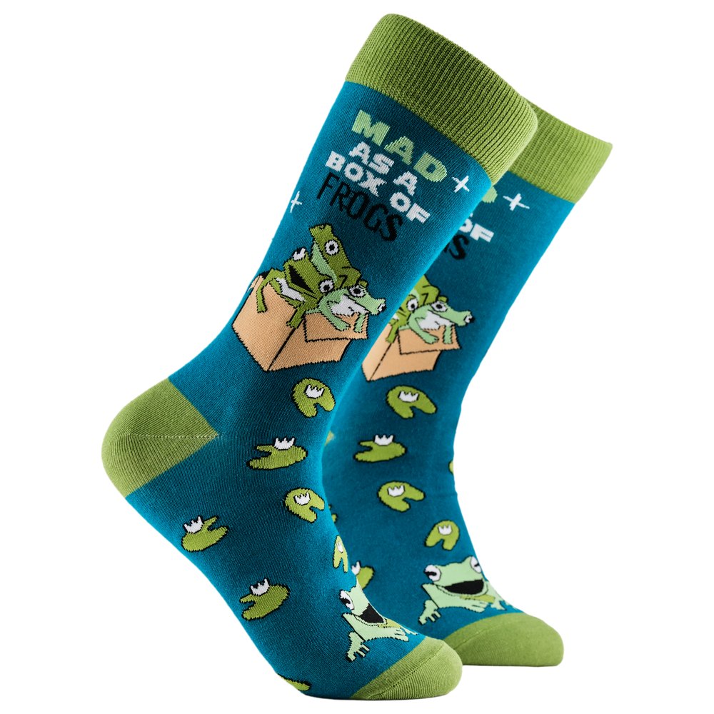 Mad as a Box of Frogs Socks. A pair of socks depicting a box of mad frogs. Blue legs, green cuff, heel and toe.