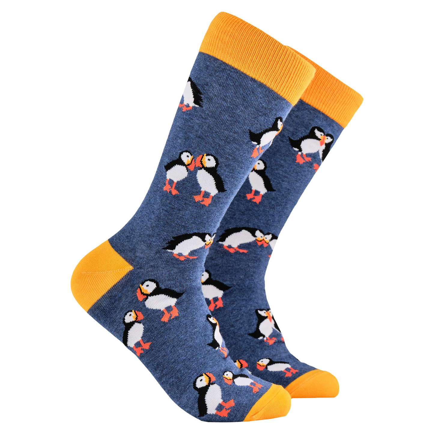 Puffin Socks - Mate For Life. A pair of socks depicting tea cups and tea pots. Blue legs, yellow cuff, heel and toe.