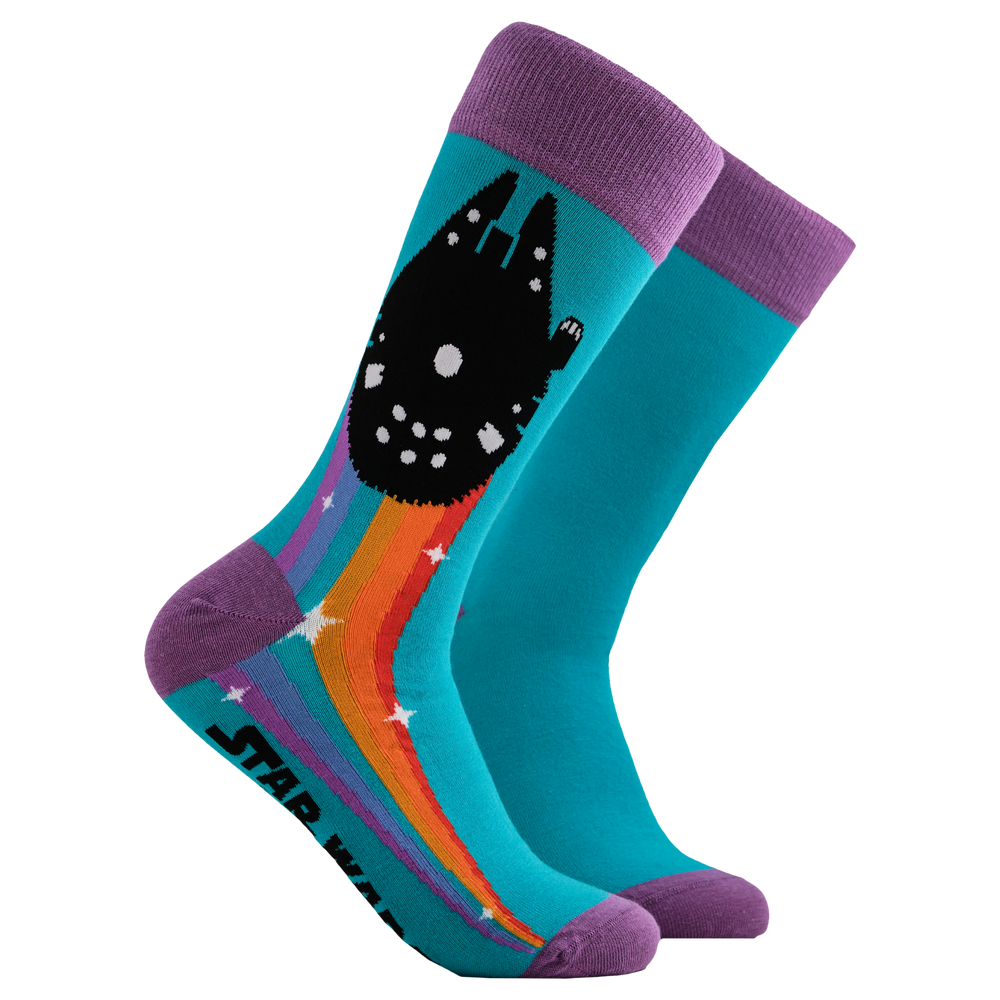 
                      
                        Star Wars Socks - Millennium Falcon Pride. A pair of socks depicting the Millennium Falcon with a burst of pride. Turquoise legs, light purple heel, toe and cuff.   
                      
                    