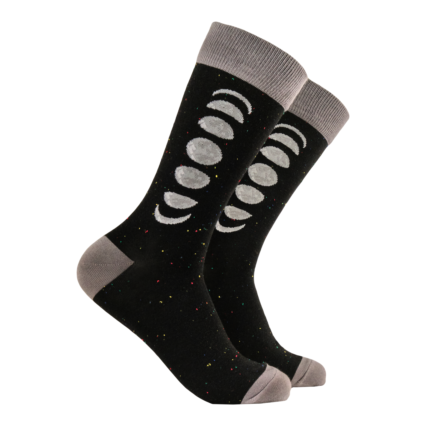 Moon Phases Socks. A pair of socks featuring the phases of the moon. Black legs, grey heel, toe and cuff. 