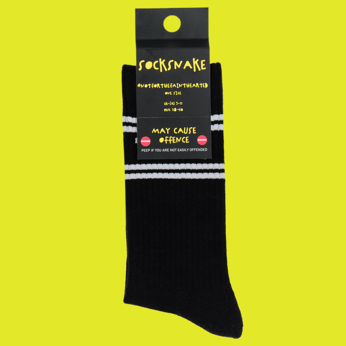 
                  
                    A black pair of athletic socks with white trim on the ankles and toes. With a very rude insult involving mothers on the ankle. In socksnake packaging.
                  
                