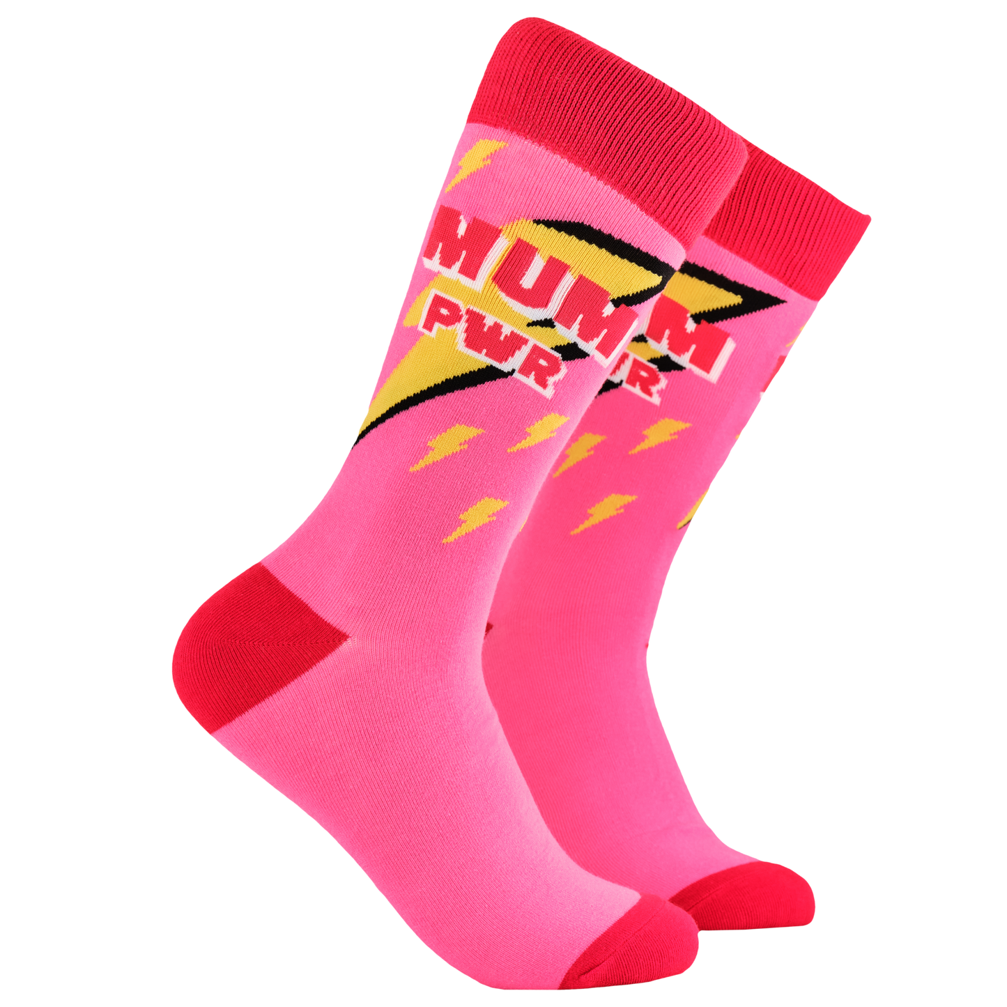 
                  
                    Mum Power Socks. A pair of socks depicting lightning bolts and the words MUM PWR. Pink legs, red cuff, heel and toe.
                  
                