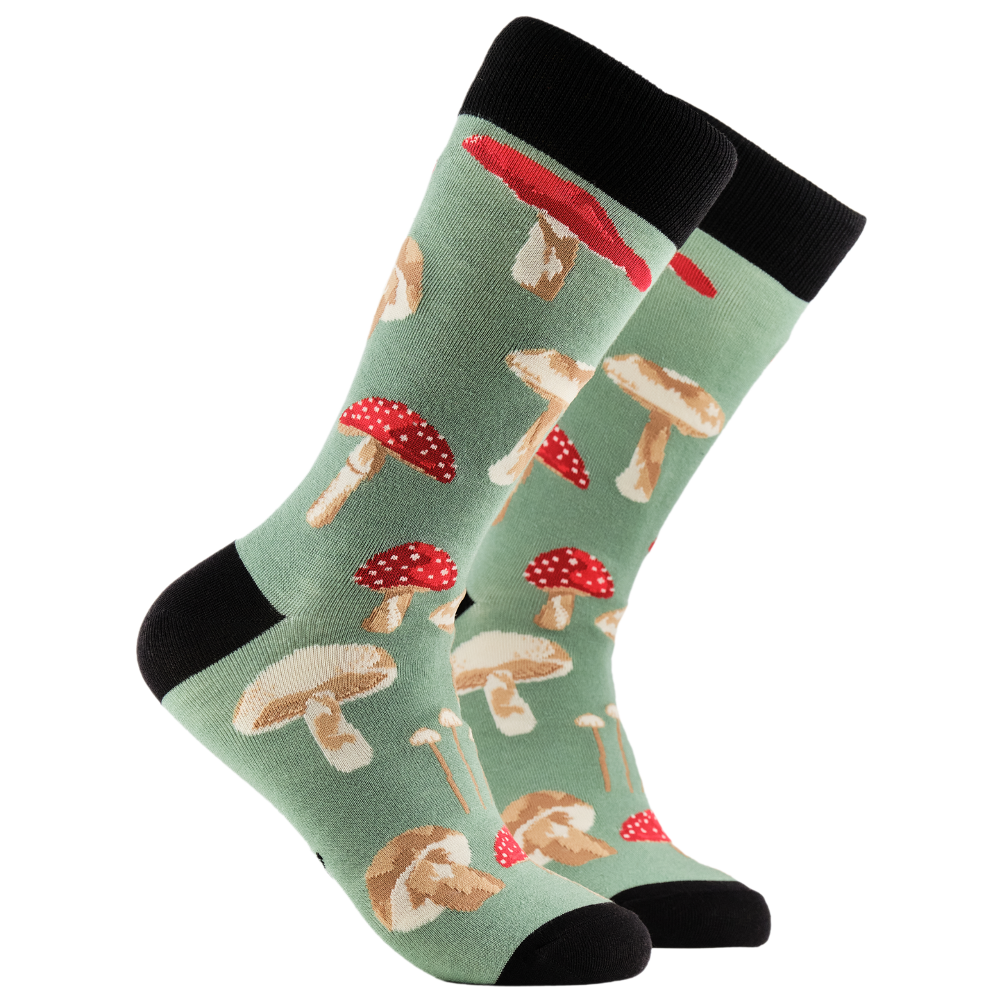 Mushrooms Bamboo Socks. A pair of socks depicting different species of mushroom. Green legs, black cuff, heel and toe.