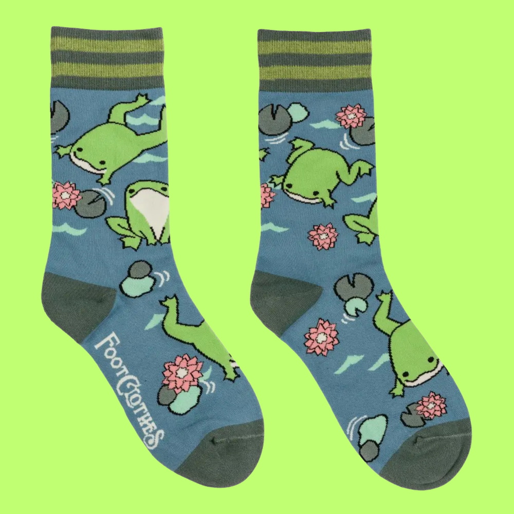 A pair of socks featuring cute hoppy socks. Blue legs, green, heel, toe and cuff. 