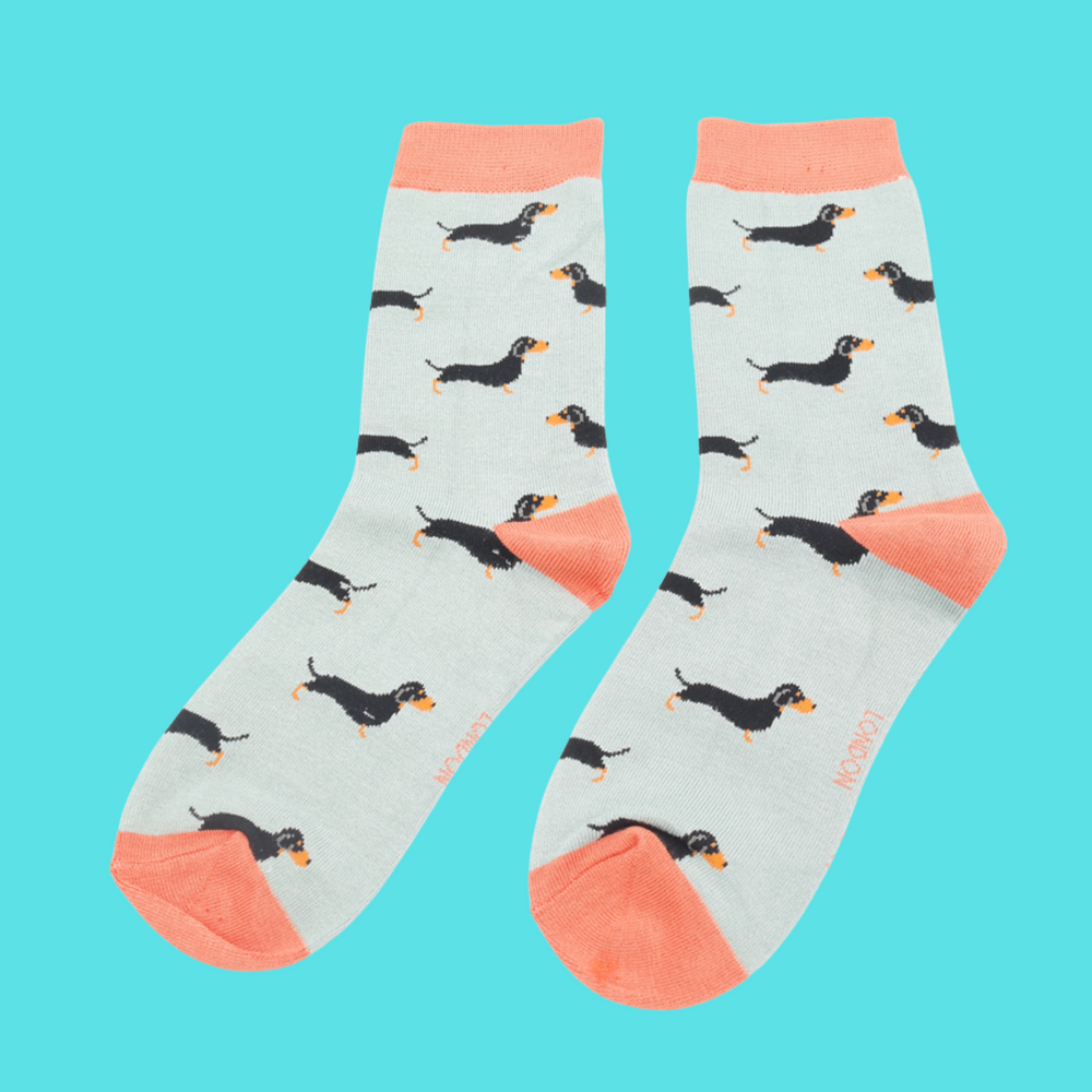 
                  
                    A pair of socks featuring a sausage dog pattern. Light blue legs, peach blue cuffs, heel and toe.
                  
                