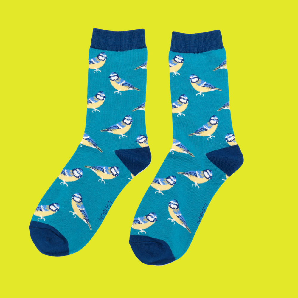 
                  
                    A pair of socks depicting Bluetits. Teal legs, blue toe, cuff and heel.
                  
                