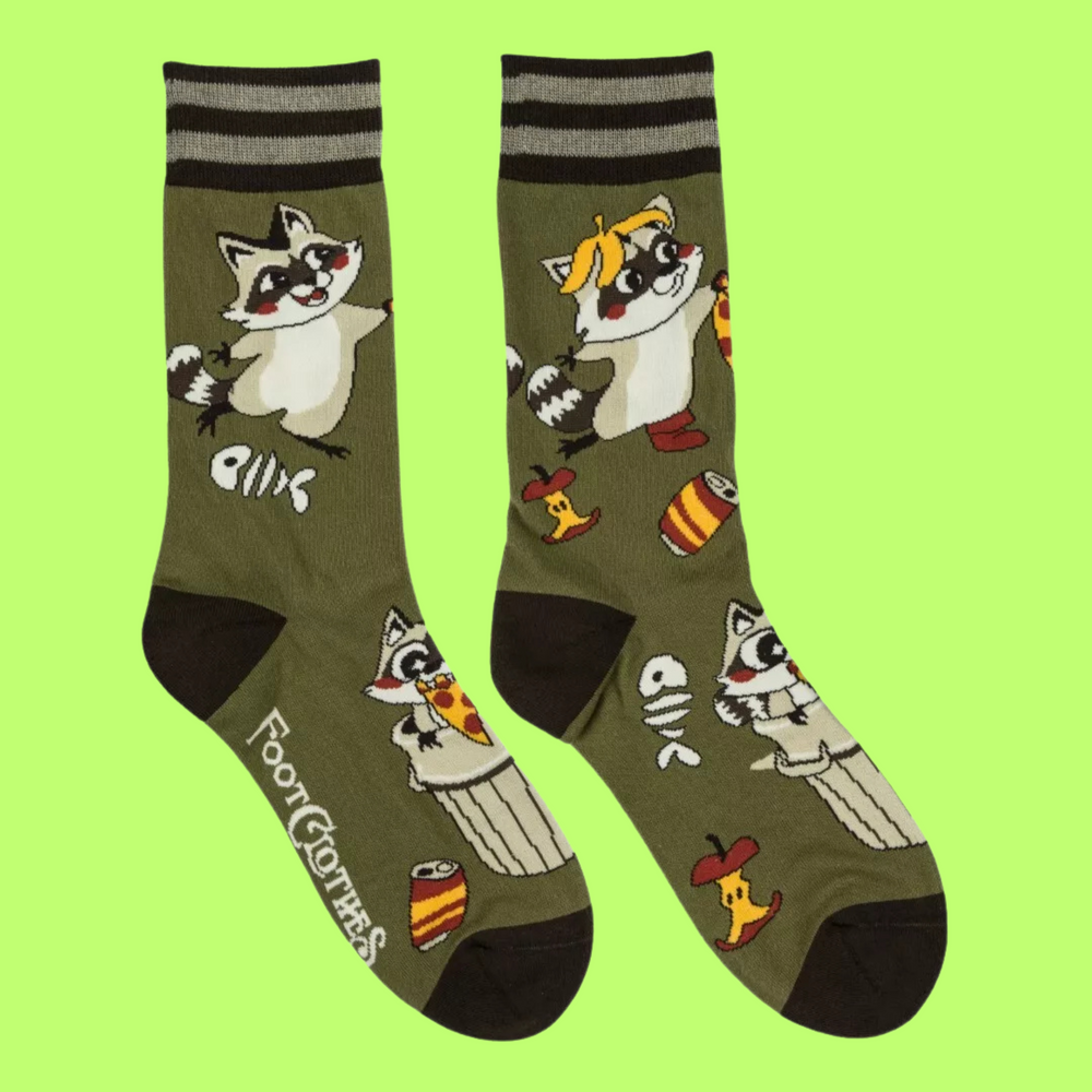 
                      
                        A pair of socks featuring trash pandas. Green legs, dark green heel, toe and cuff. 
                      
                    