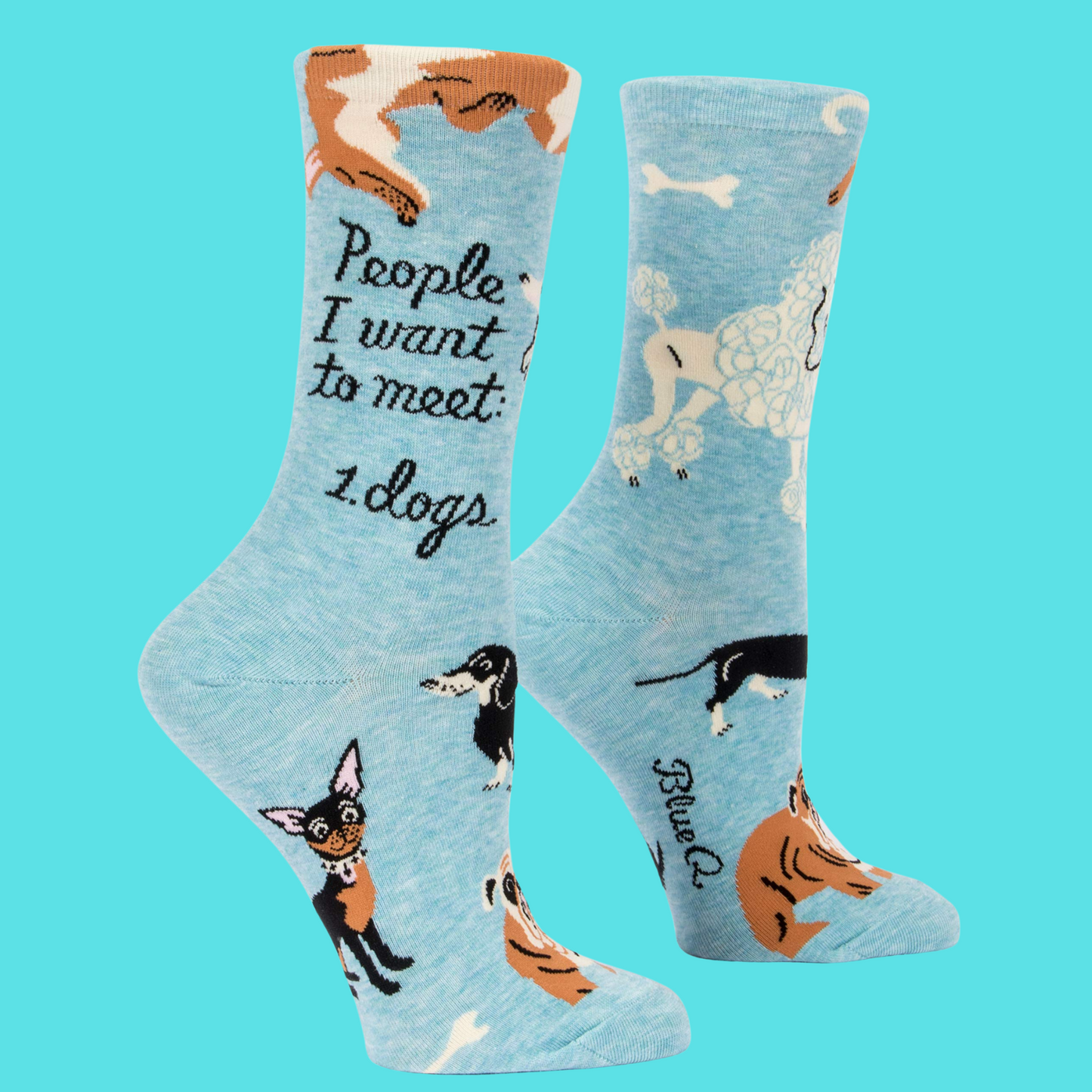 A pair of socks featuring playful dogs. Blue legs, heel, toe and cuff. 