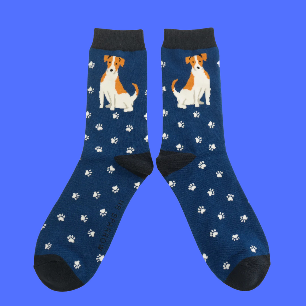 
                      
                        A pair of socks featuring a cute jack russell. Navy legs, dark blue heel, toe and cuff. 
                      
                    