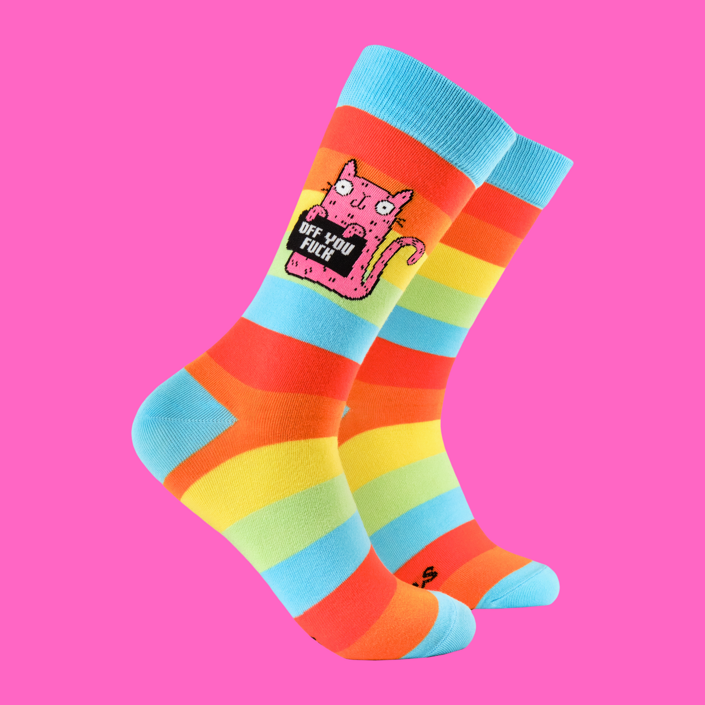 A pair of socks featuring a cute cat holding a sweary sign. Rainbow legs. 