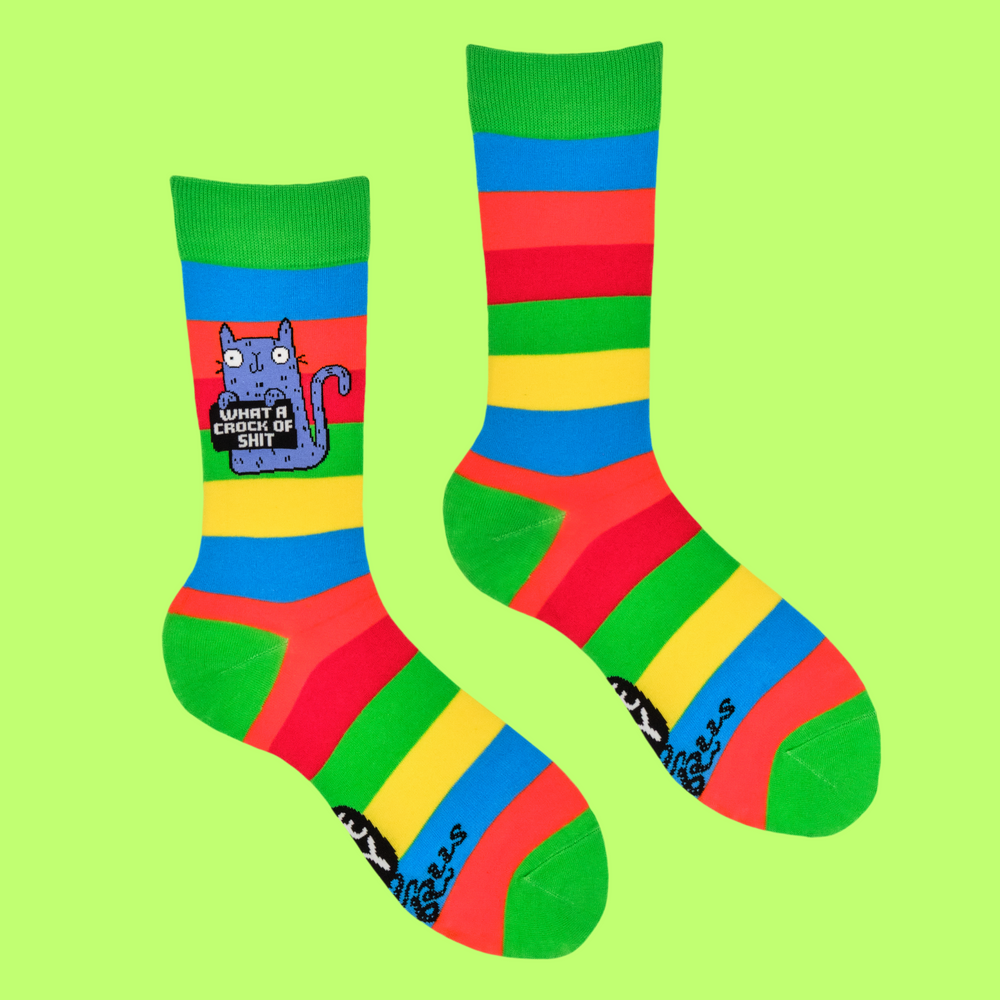 
                      
                        A pair of socks featuring a cute cat holding a sweary sign. Multicolored striped legs. 
                      
                    