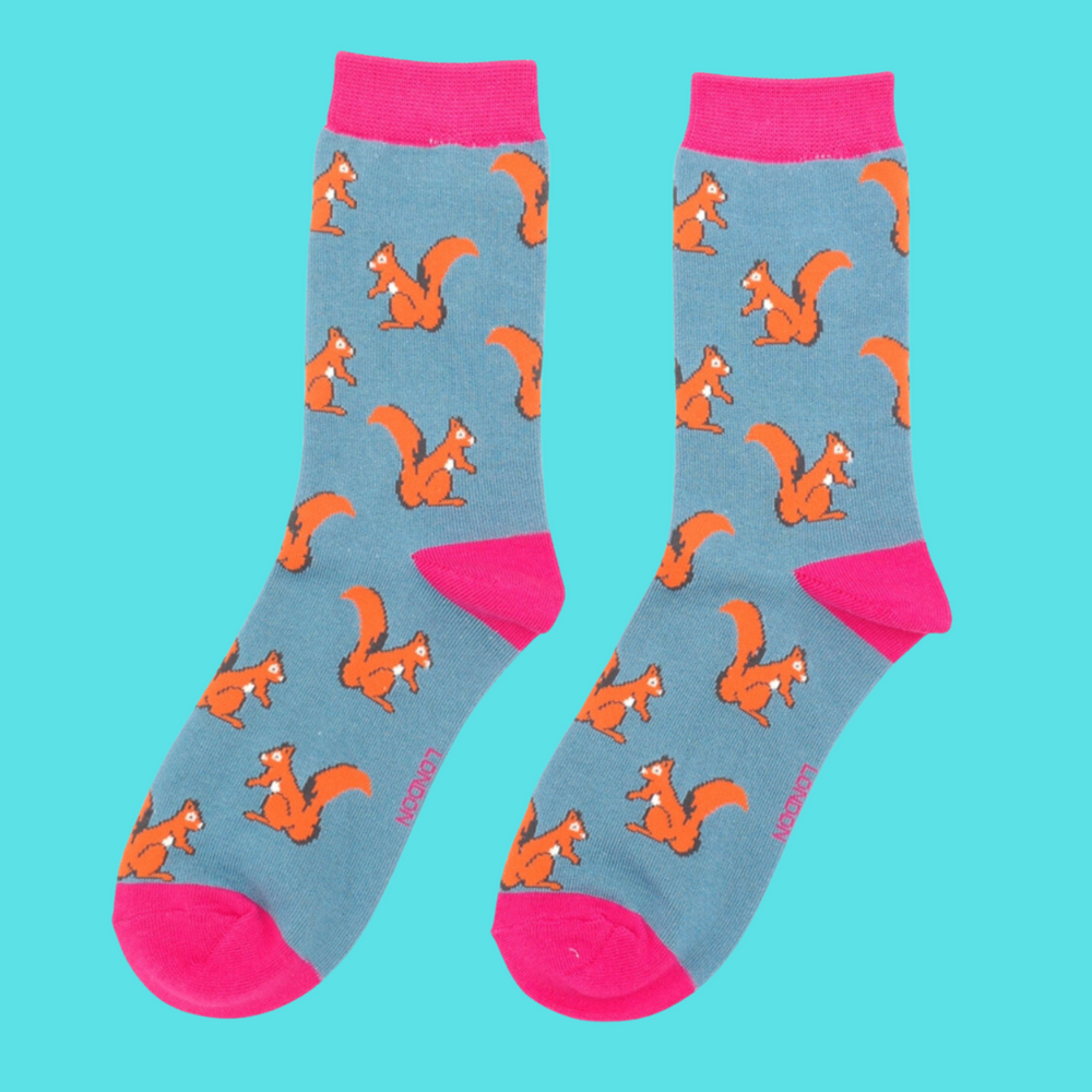 
                      
                        A pair of socks with a squirrel motif. Blue legs, pink cuff, heel and toe.
                      
                    