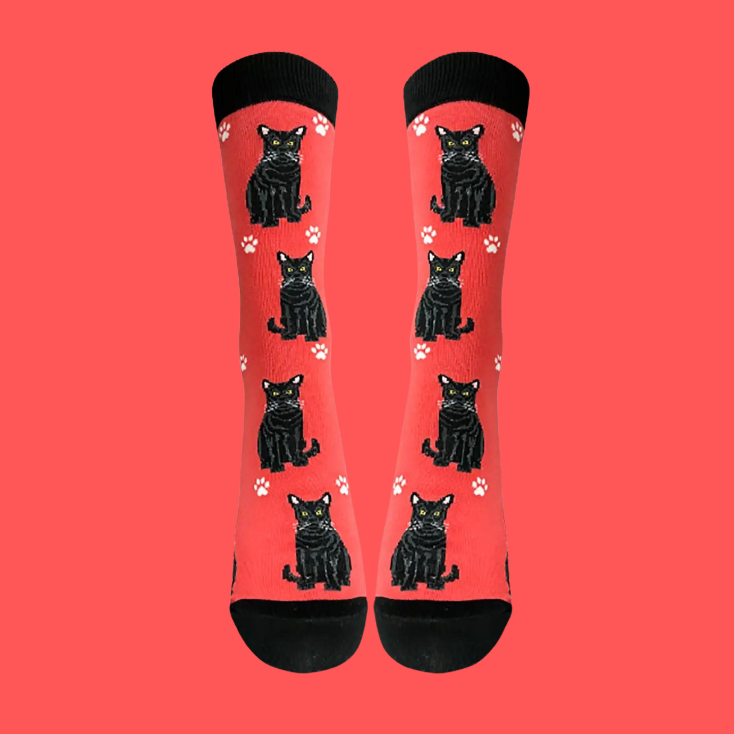 
                  
                    A pair of socks featuring black cats. Red legs, black heel, toe and cuff.
                  
                