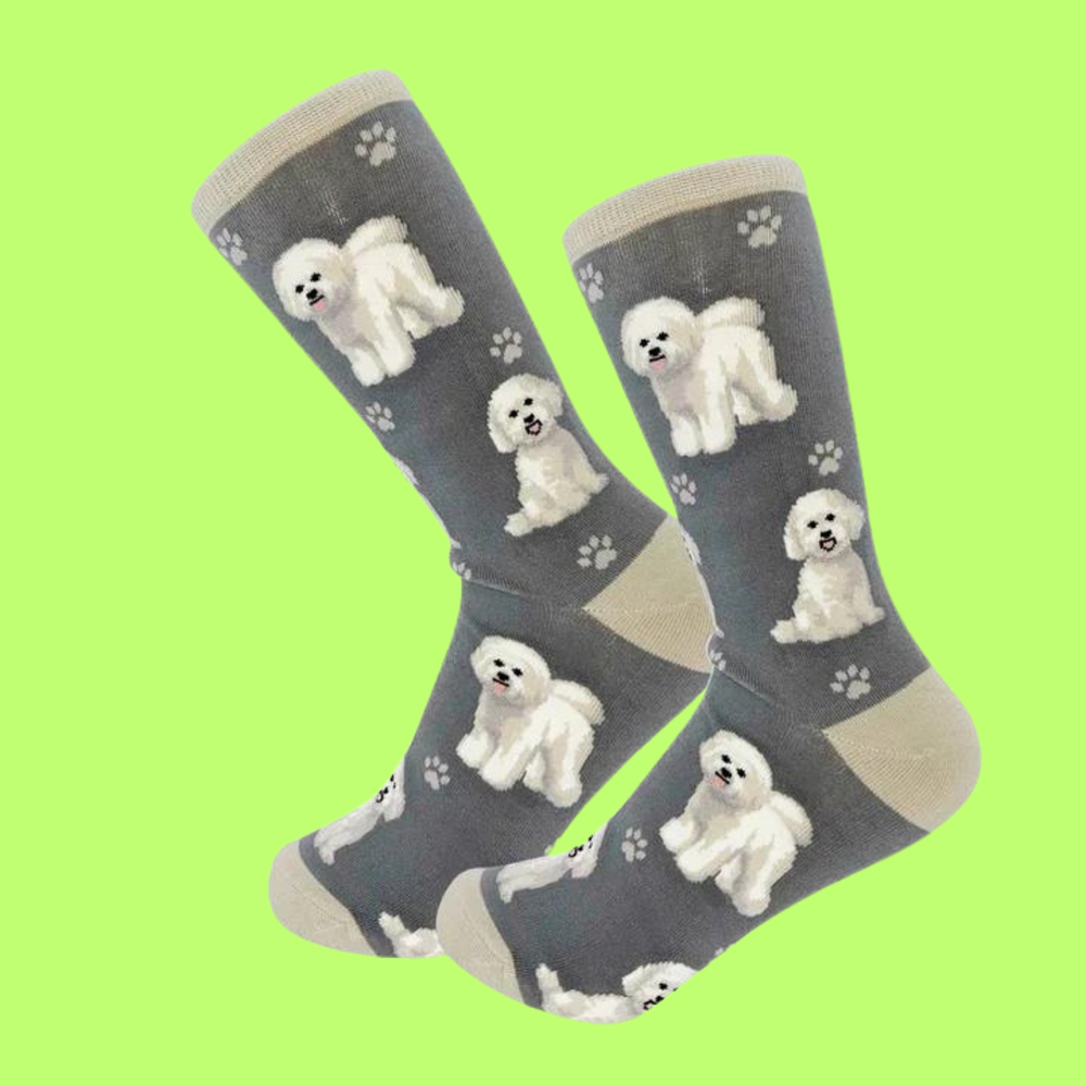 A pair of socks featuring Bichon Frise dogs. Grey kegs, light grey toe, cuff and heel.